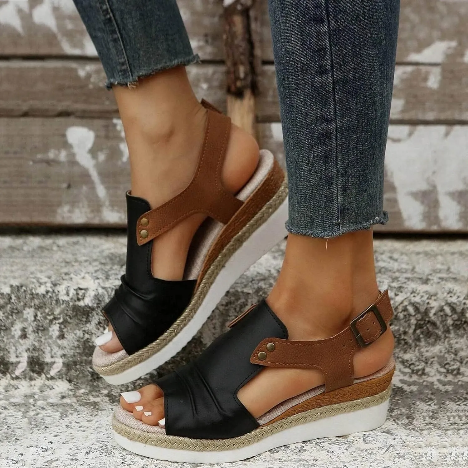 Orthopedic Platform Wedge Sandals for Women Summer Dressy Flat 2023 Open Toe Ankle Strap Espadrilles Sandals Casual Strappy Slip on Sandals Beach Boho Sandals Comfortable Outdoor Shoes (Black #2, 7)
