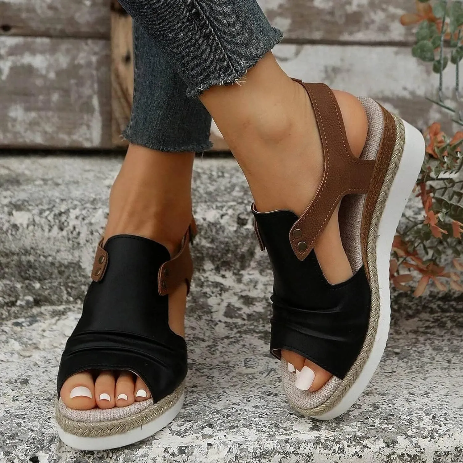 Orthopedic Platform Wedge Sandals for Women Summer Dressy Flat 2023 Open Toe Ankle Strap Espadrilles Sandals Casual Strappy Slip on Sandals Beach Boho Sandals Comfortable Outdoor Shoes (Black #2, 7)