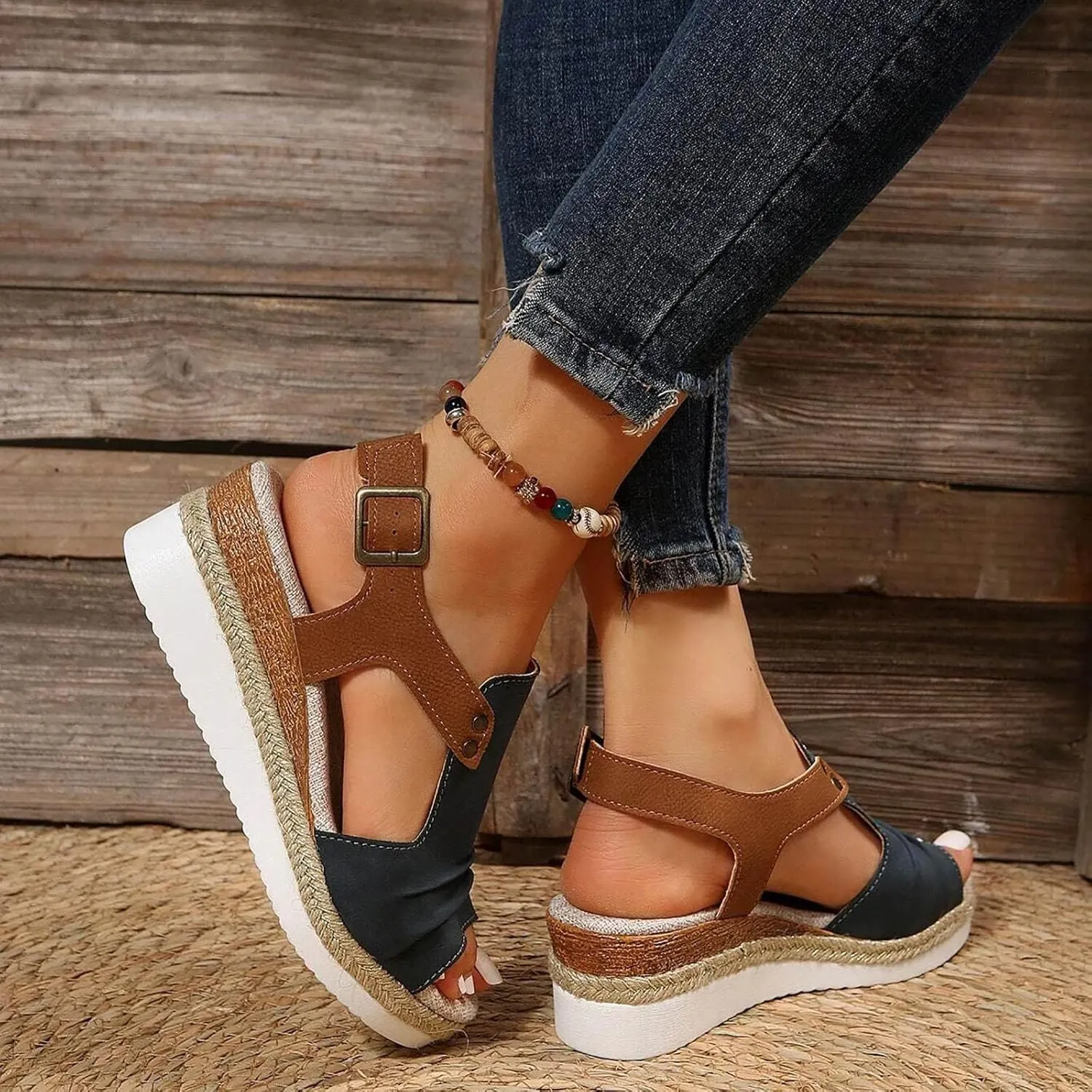 Orthopedic Platform Wedge Sandals for Women Summer Dressy Flat 2023 Open Toe Ankle Strap Espadrilles Sandals Casual Strappy Slip on Sandals Beach Boho Sandals Comfortable Outdoor Shoes (Navy #2, 7)