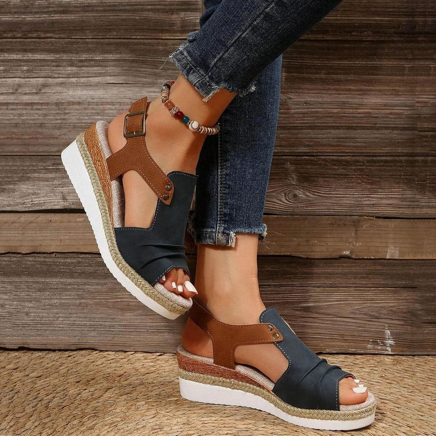 Orthopedic Platform Wedge Sandals for Women Summer Dressy Flat 2023 Open Toe Ankle Strap Espadrilles Sandals Casual Strappy Slip on Sandals Beach Boho Sandals Comfortable Outdoor Shoes (Navy #2, 7)