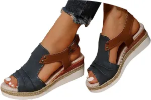 Orthopedic Platform Wedge Sandals for Women Summer Dressy Flat 2023 Open Toe Ankle Strap Espadrilles Sandals Casual Strappy Slip on Sandals Beach Boho Sandals Comfortable Outdoor Shoes (Navy #2, 7)