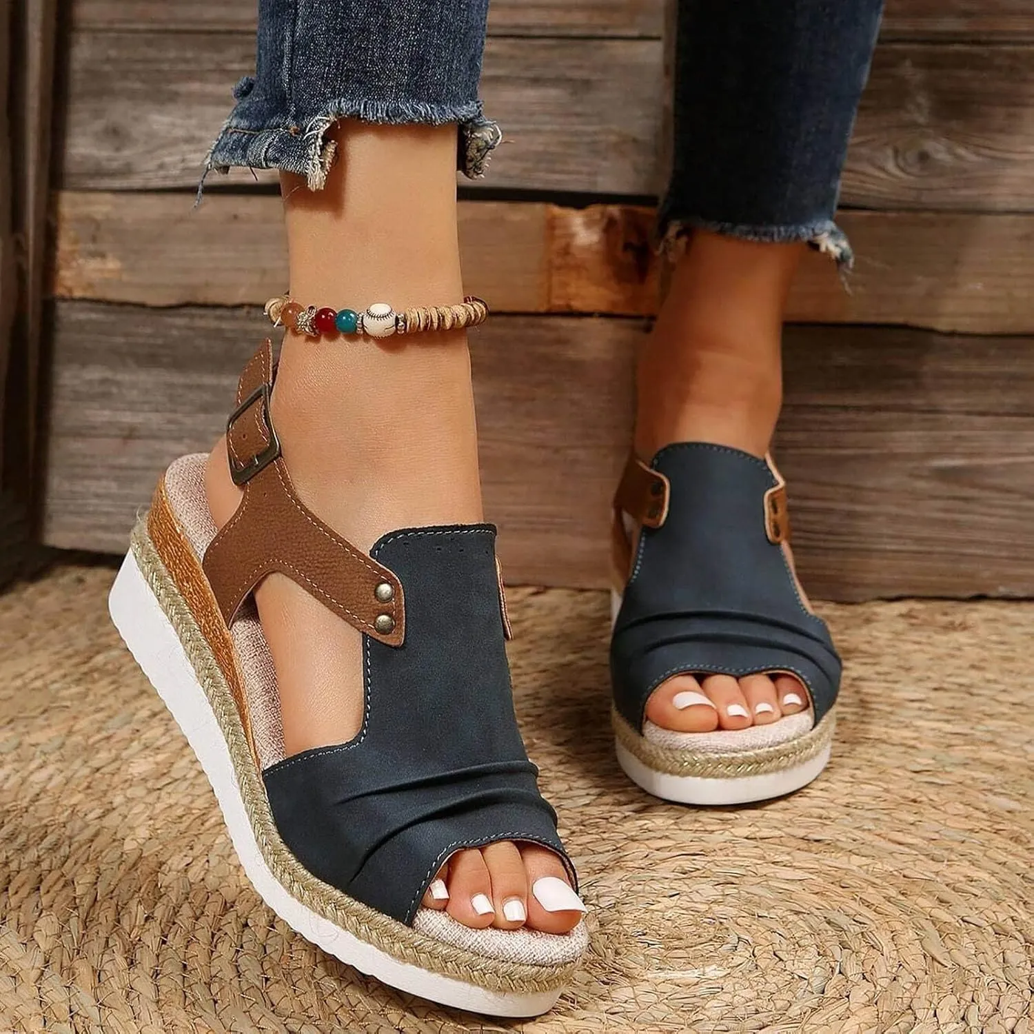 Orthopedic Platform Wedge Sandals for Women Summer Dressy Flat 2023 Open Toe Ankle Strap Espadrilles Sandals Casual Strappy Slip on Sandals Beach Boho Sandals Comfortable Outdoor Shoes (Navy #2, 7)