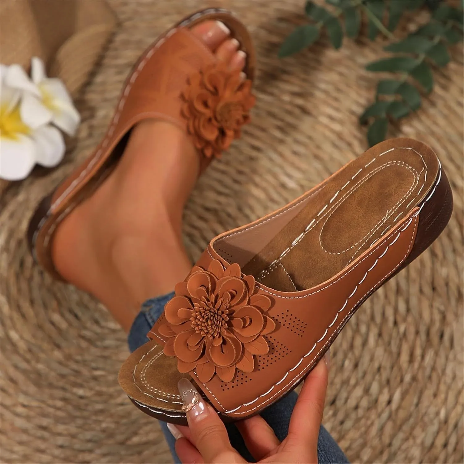 Orthopedic Sandals for Women Chic Arch Support Fish Mouth Open Toe Flip Flop Leather Slippers Wedge Platform Sandal