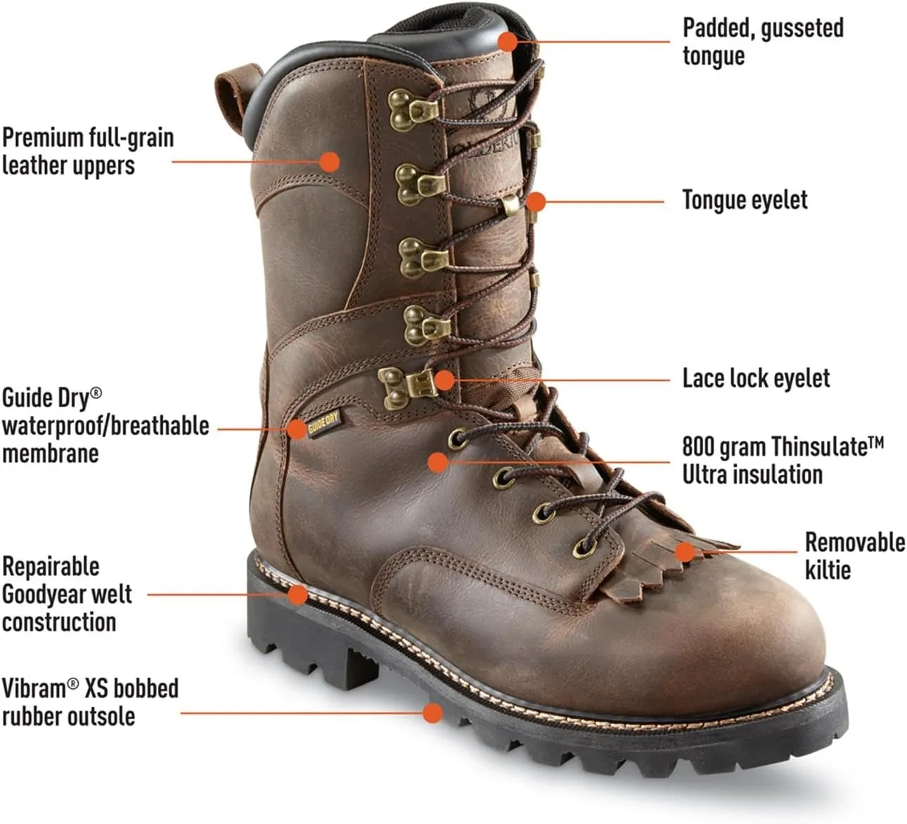 Outlands Men's 10" Waterproof Insulated Hunting Lace-Up Boots, Leather, Non-Slip Rubber Sole Shoes, 800-gram