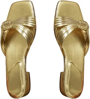 OYOANGLE Women's Metallic Knotted Sandals Square Toe Slip On Low Chunky Heel Sandals Trendy Slide Shoes