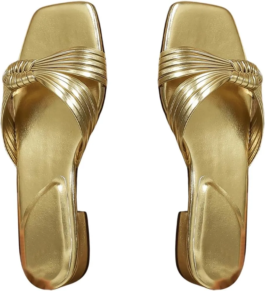 OYOANGLE Women's Metallic Knotted Sandals Square Toe Slip On Low Chunky Heel Sandals Trendy Slide Shoes