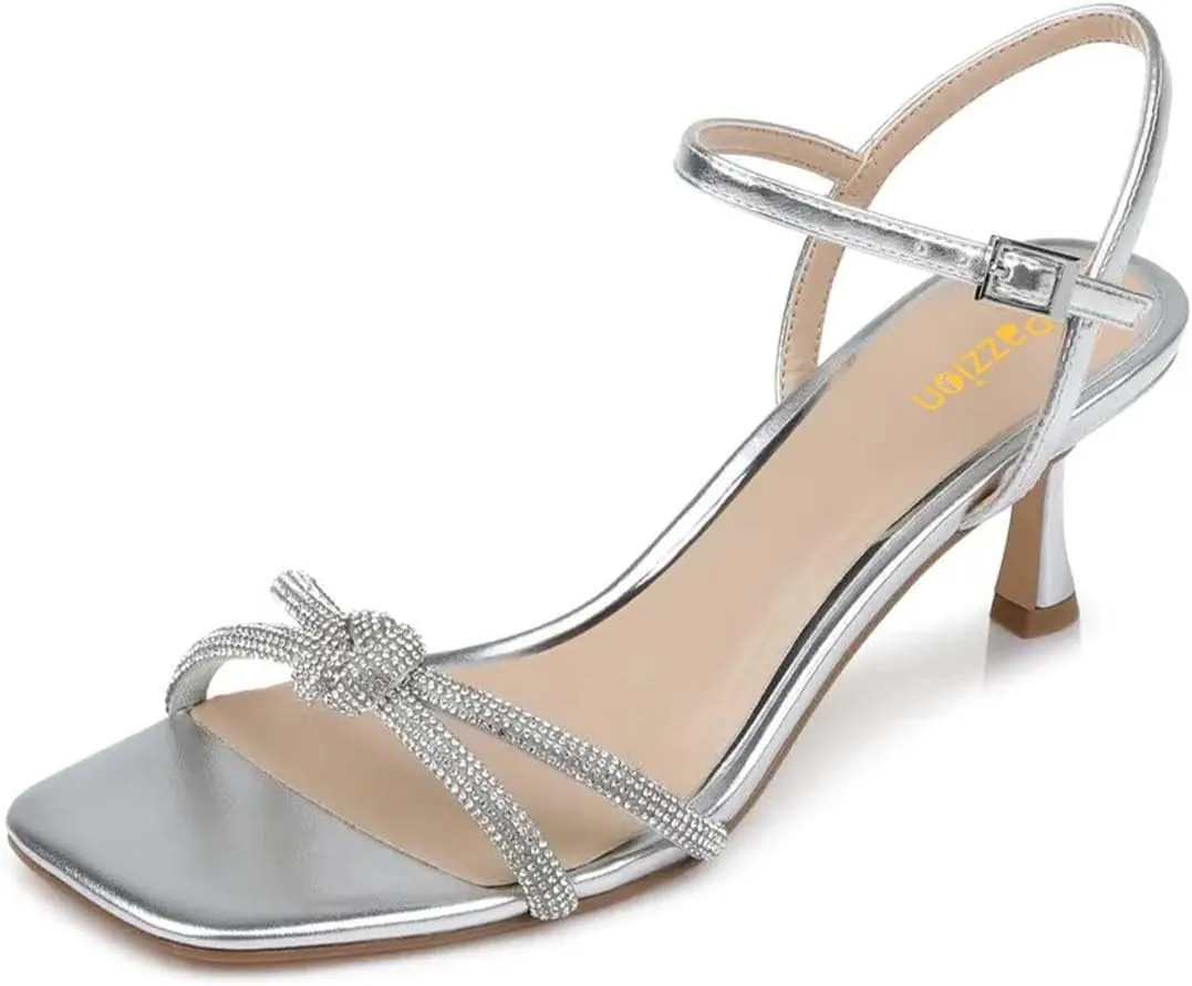 Pazzion Women Metallic Sandal with Rhinestone Knot Straps Square Open Toe Kitten Low Heels Evening Cocktail Shoes Size 4-16 US