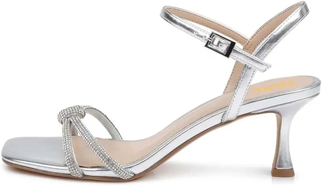 Pazzion Women Metallic Sandal with Rhinestone Knot Straps Square Open Toe Kitten Low Heels Evening Cocktail Shoes Size 4-16 US