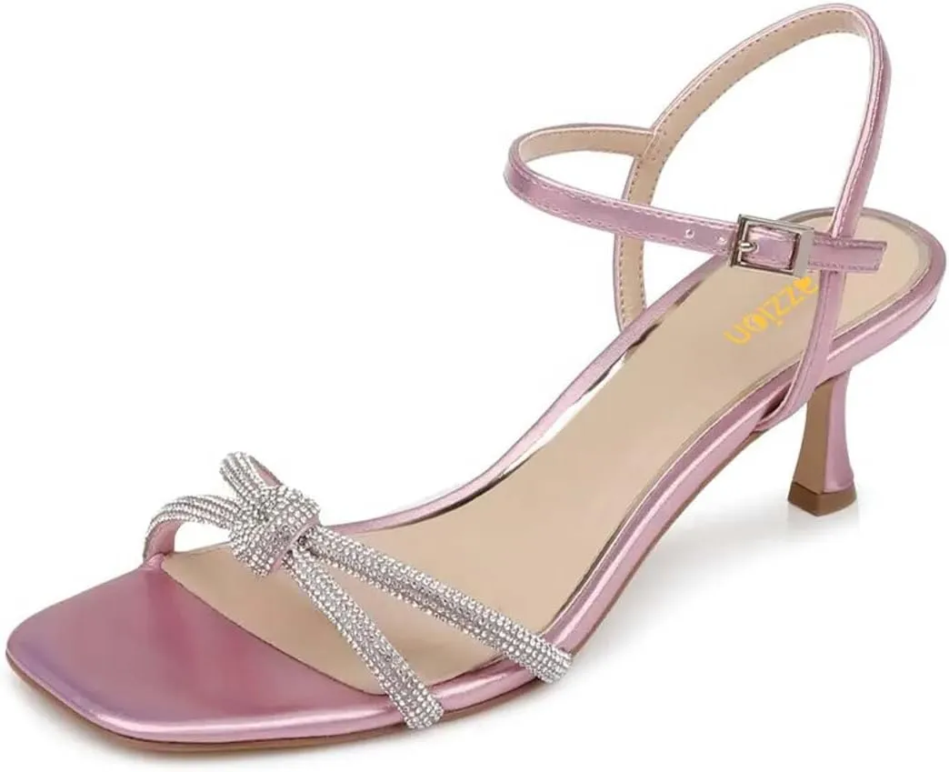 Pazzion Women Metallic Sandal with Rhinestone Knot Straps Square Open Toe Kitten Low Heels Evening Cocktail Shoes Size 4-16 US