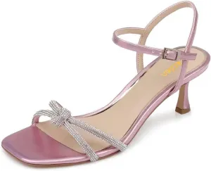 Pazzion Women Metallic Sandal with Rhinestone Knot Straps Square Open Toe Kitten Low Heels Evening Cocktail Shoes Size 4-16 US