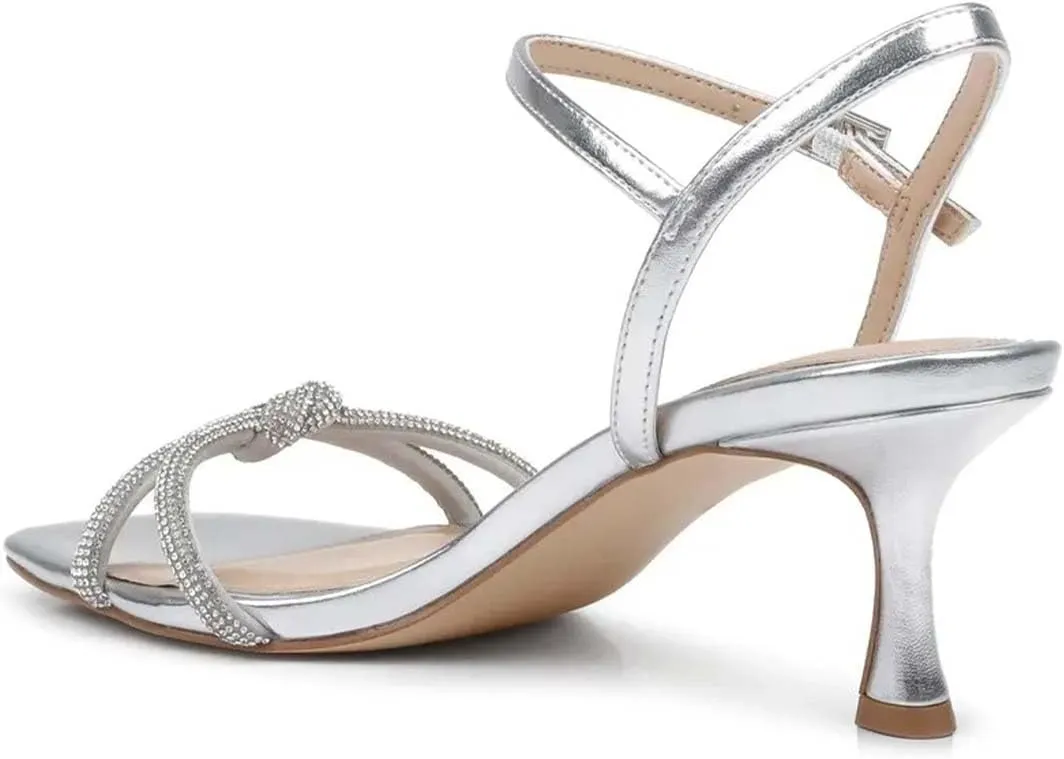 Pazzion Women Metallic Sandal with Rhinestone Knot Straps Square Open Toe Kitten Low Heels Evening Cocktail Shoes Size 4-16 US