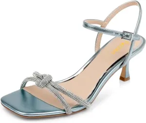 Pazzion Women Metallic Sandal with Rhinestone Knot Straps Square Open Toe Kitten Low Heels Evening Cocktail Shoes Size 4-16 US