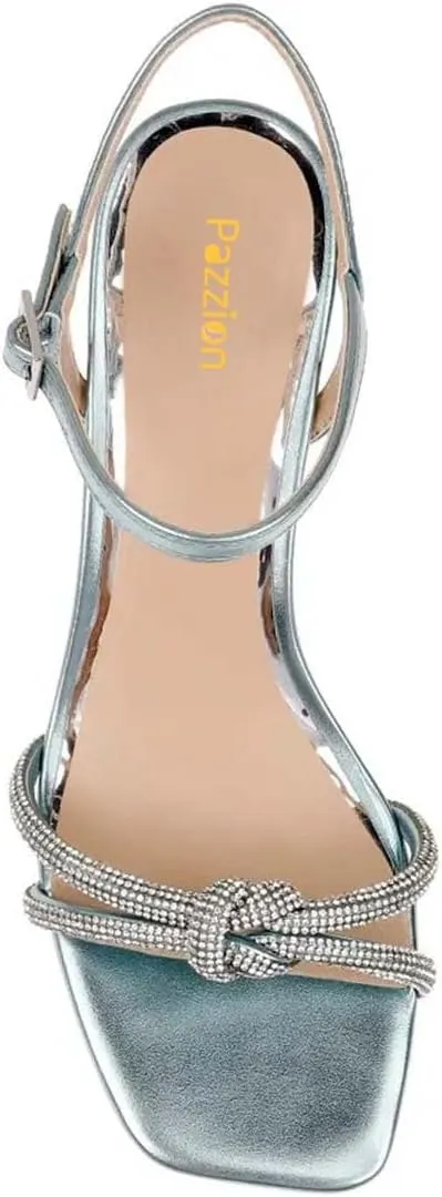 Pazzion Women Metallic Sandal with Rhinestone Knot Straps Square Open Toe Kitten Low Heels Evening Cocktail Shoes Size 4-16 US