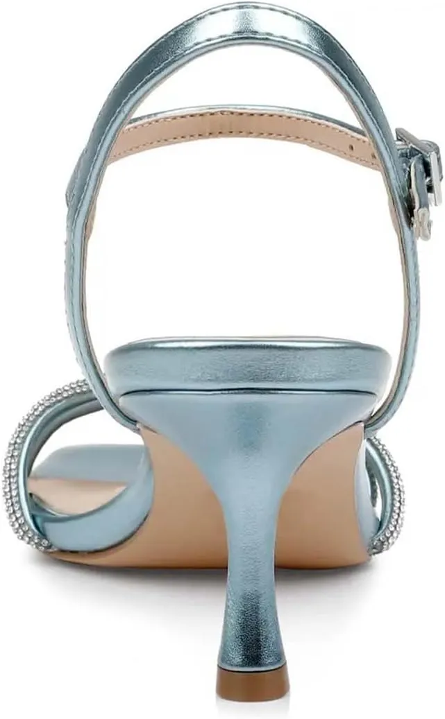 Pazzion Women Metallic Sandal with Rhinestone Knot Straps Square Open Toe Kitten Low Heels Evening Cocktail Shoes Size 4-16 US