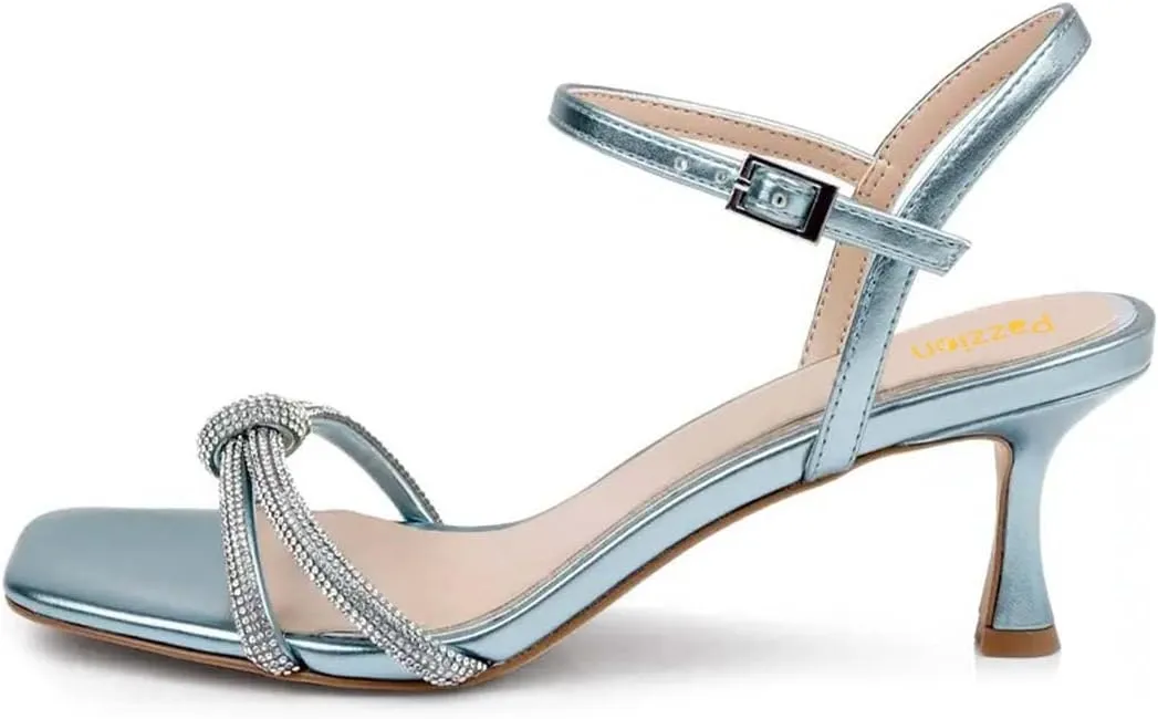 Pazzion Women Metallic Sandal with Rhinestone Knot Straps Square Open Toe Kitten Low Heels Evening Cocktail Shoes Size 4-16 US