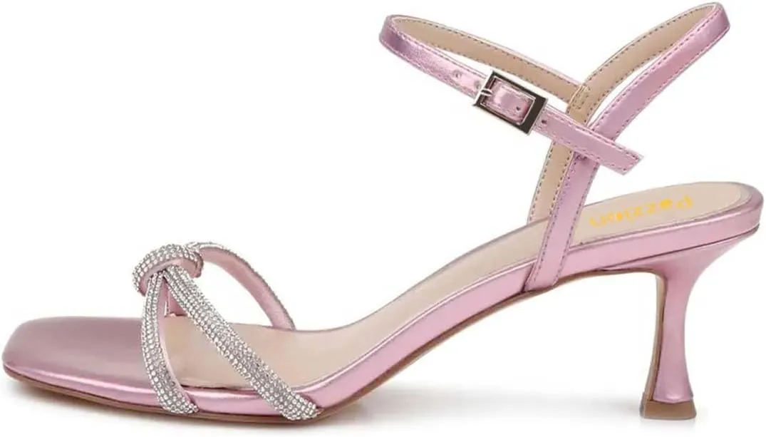 Pazzion Women Metallic Sandal with Rhinestone Knot Straps Square Open Toe Kitten Low Heels Evening Cocktail Shoes Size 4-16 US