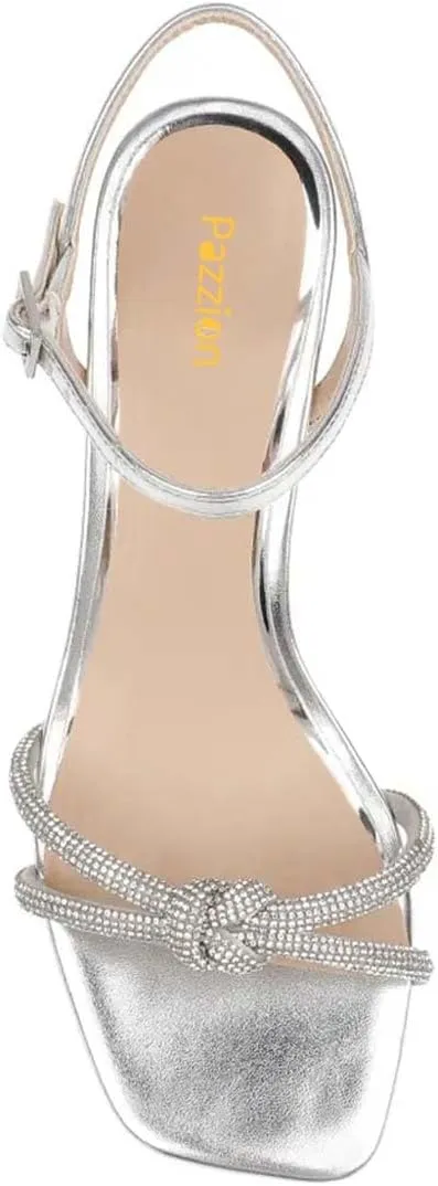 Pazzion Women Metallic Sandal with Rhinestone Knot Straps Square Open Toe Kitten Low Heels Evening Cocktail Shoes Size 4-16 US