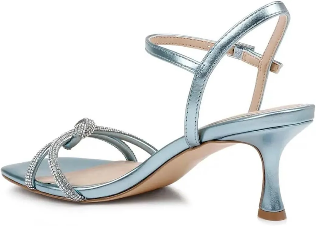 Pazzion Women Metallic Sandal with Rhinestone Knot Straps Square Open Toe Kitten Low Heels Evening Cocktail Shoes Size 4-16 US