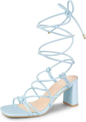 Perphy Strappy Heels Knots Square Toe Block Heel Lace Up Sandals for Women