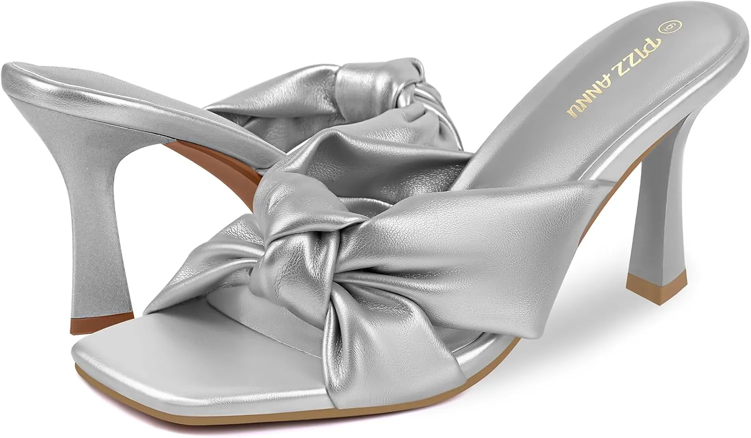 PIZZ ANNU Women's Ariana Knotted Heels Sandals Square Open Toe Heeled Sandal High Stiletto Mules Slip on Comfortable Cute Casual Dress Pumps Shoes