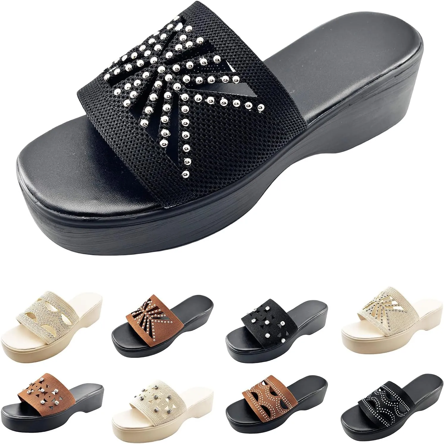 Platform Sandals for Women 2025 Hollow Out Rhinestones Slippers Open Toe One Band Platform Wedge Sandals Summer Beach Comfortable Soft Sole Slipper