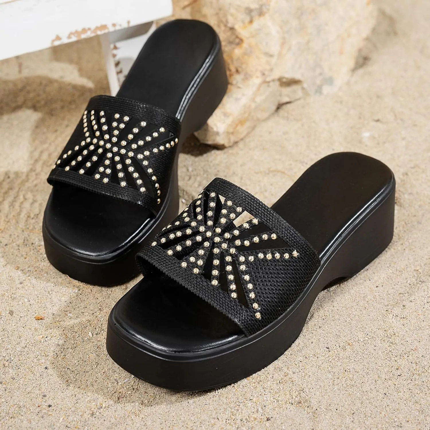 Platform Sandals for Women 2025 Hollow Out Rhinestones Slippers Open Toe One Band Platform Wedge Sandals Summer Beach Comfortable Soft Sole Slipper