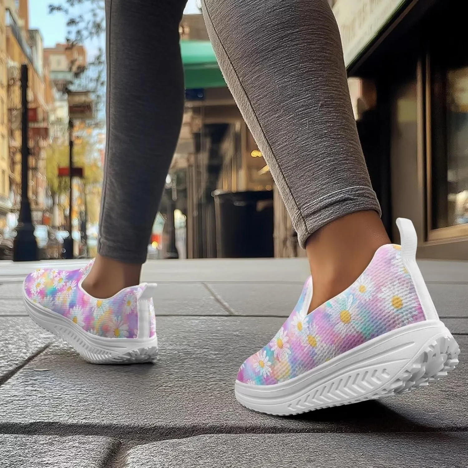 Platform Sneakers Womens Art Painting Walking Shoes Rocker Bottom Shoes Swing Wedges Sneaker Comfort Slip on