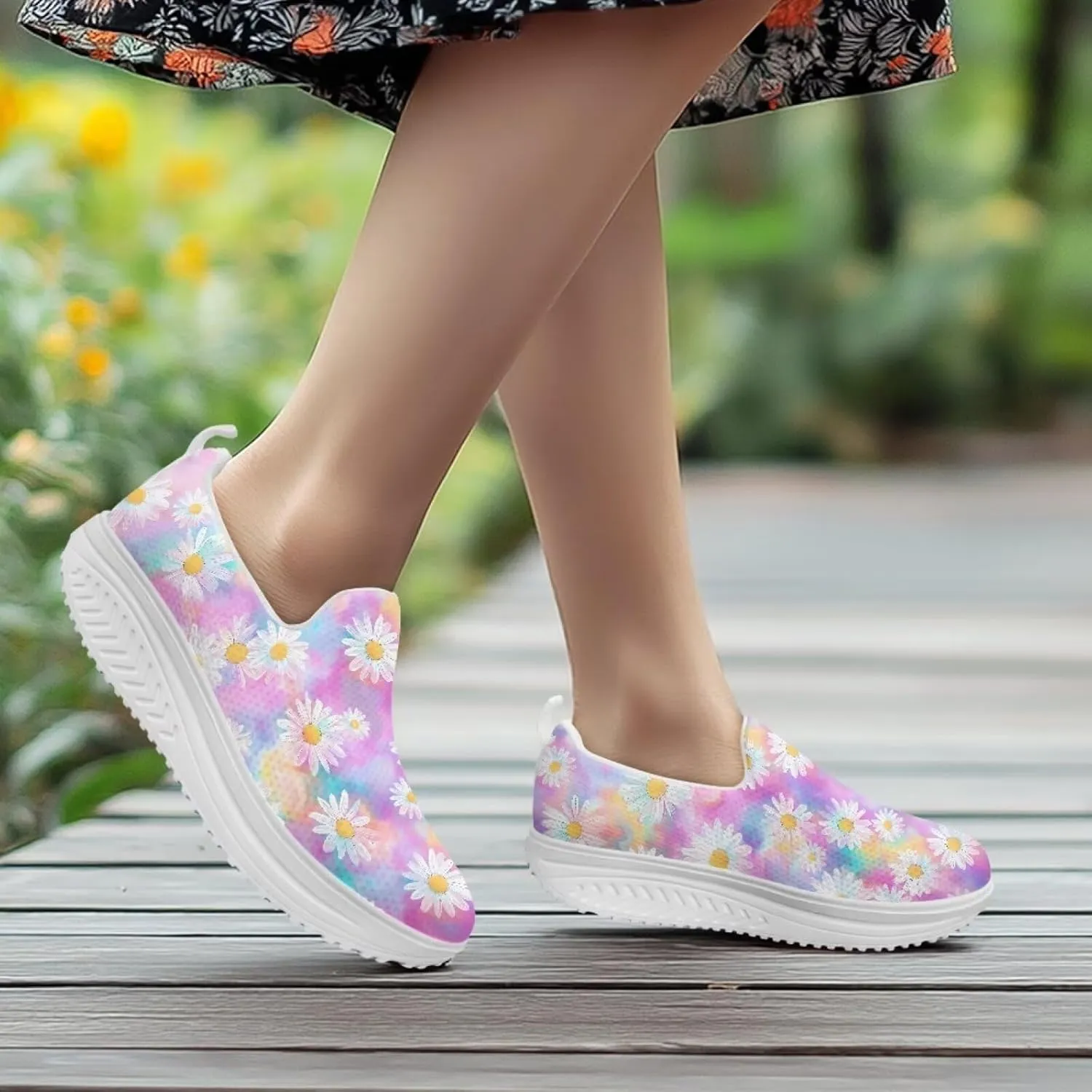 Platform Sneakers Womens Art Painting Walking Shoes Rocker Bottom Shoes Swing Wedges Sneaker Comfort Slip on