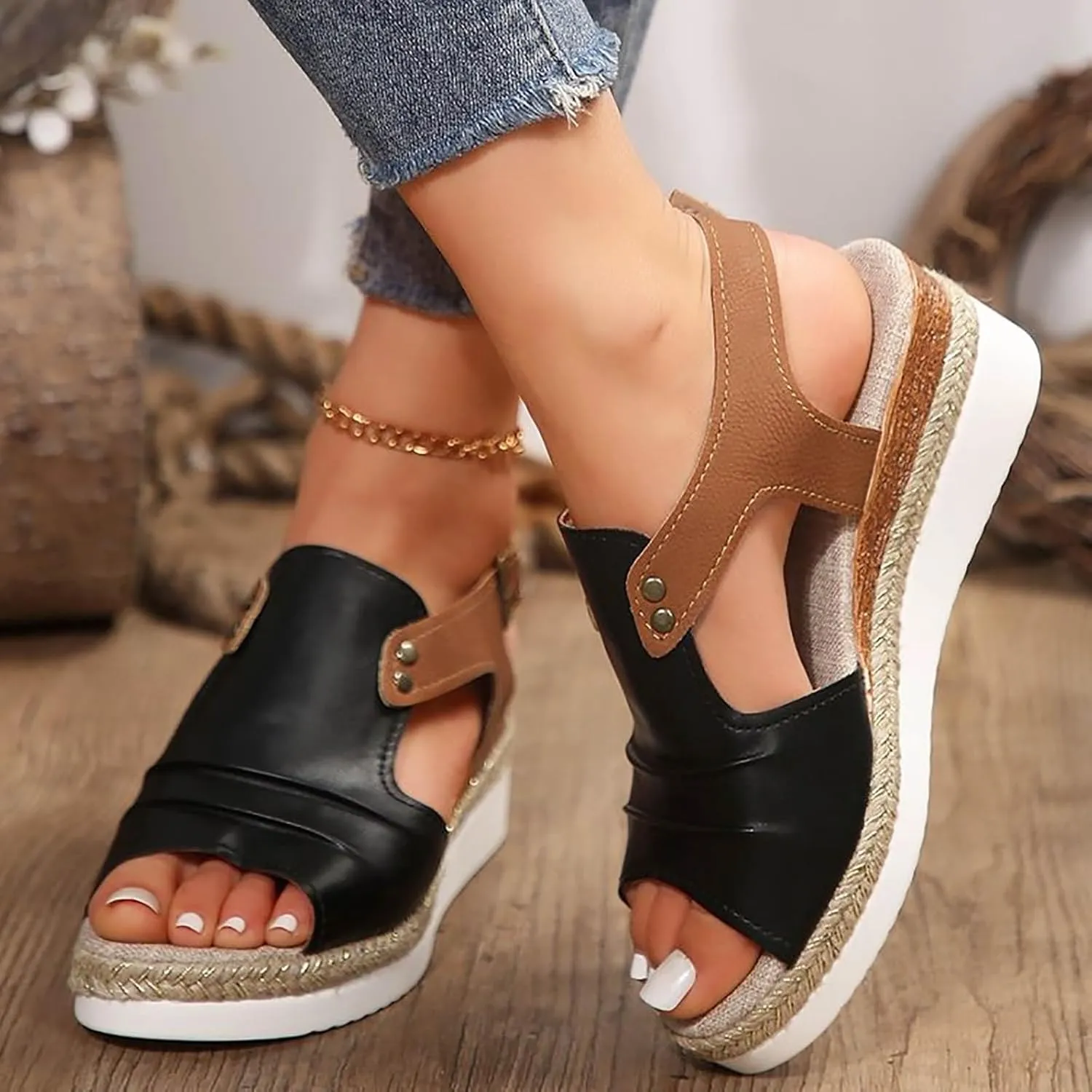 Platform Wedge Sandals for Women Open Toe Espadrilles Ankle Strap Sandals Summer Casual Dressy Wedge Flat Sandals Beach Boho Walking Shoes