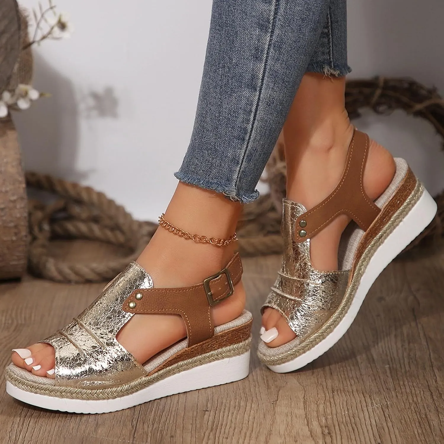 Platform Wedge Sandals for Women Open Toe Espadrilles Ankle Strap Sandals Summer Casual Dressy Wedge Flat Sandals Beach Boho Walking Shoes