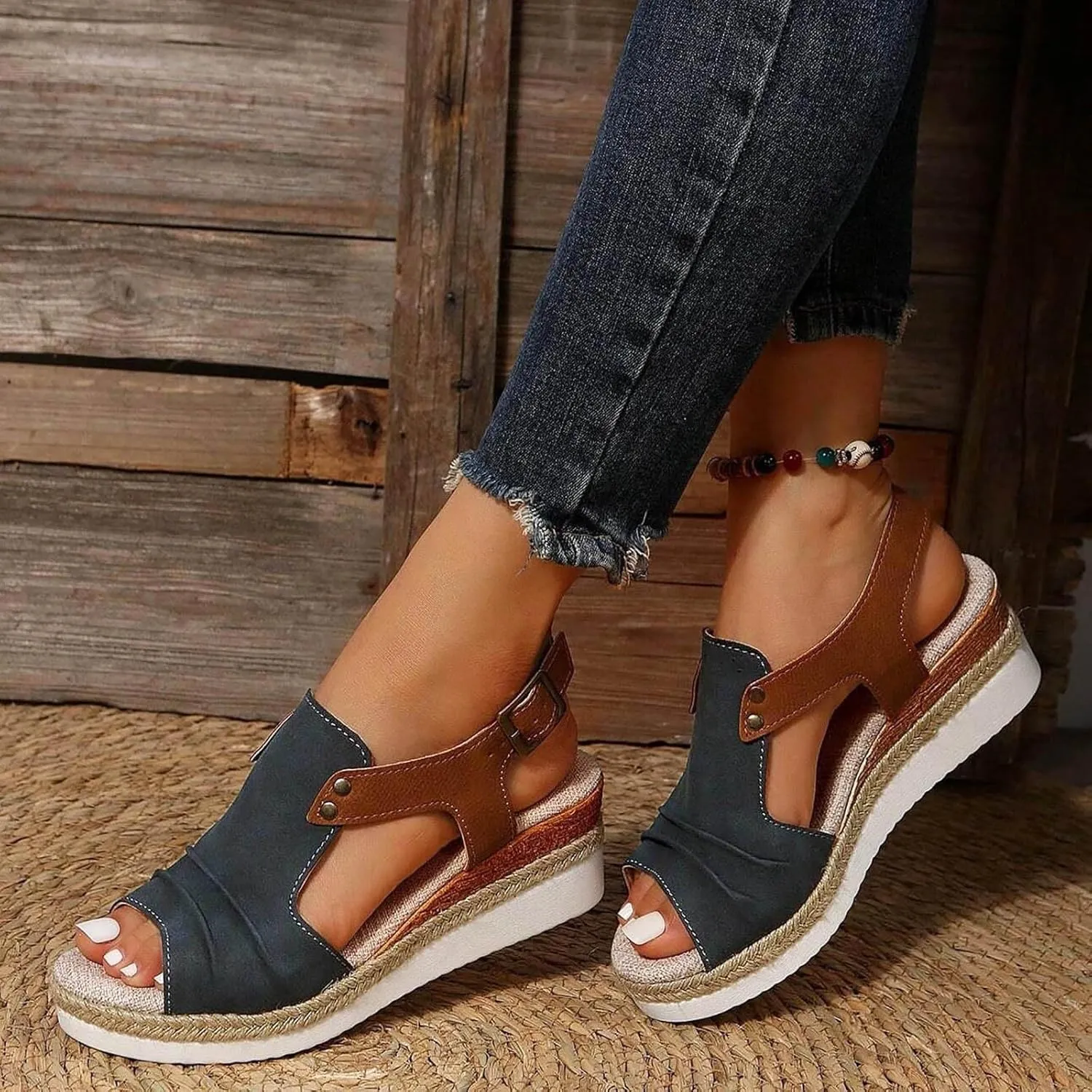 Platform Wedge Sandals for Women Open Toe Espadrilles Ankle Strap Sandals Summer Casual Dressy Wedge Flat Sandals Beach Boho Walking Shoes