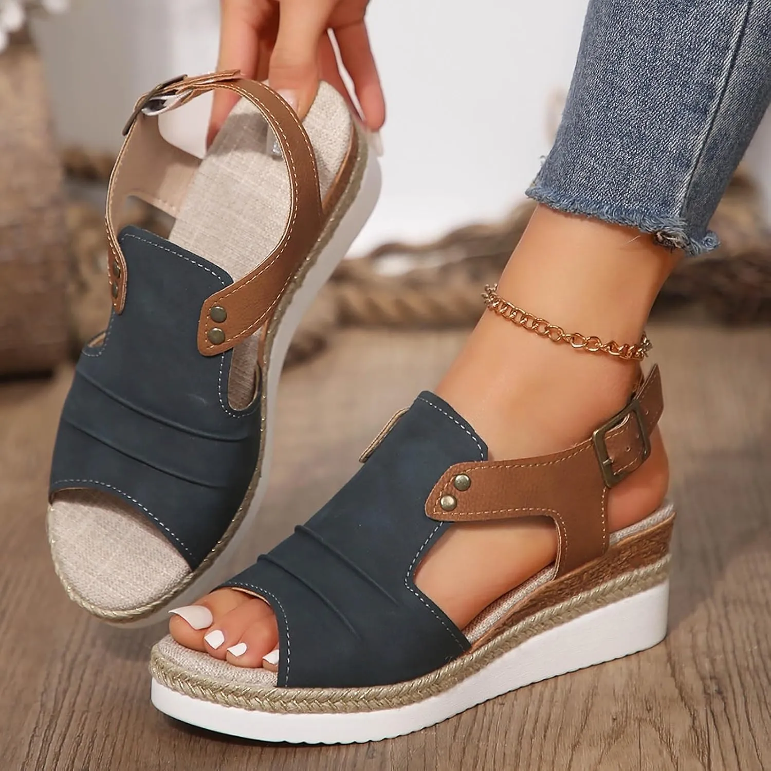 Platform Wedge Sandals for Women Open Toe Espadrilles Ankle Strap Sandals Summer Casual Dressy Wedge Flat Sandals Beach Boho Walking Shoes