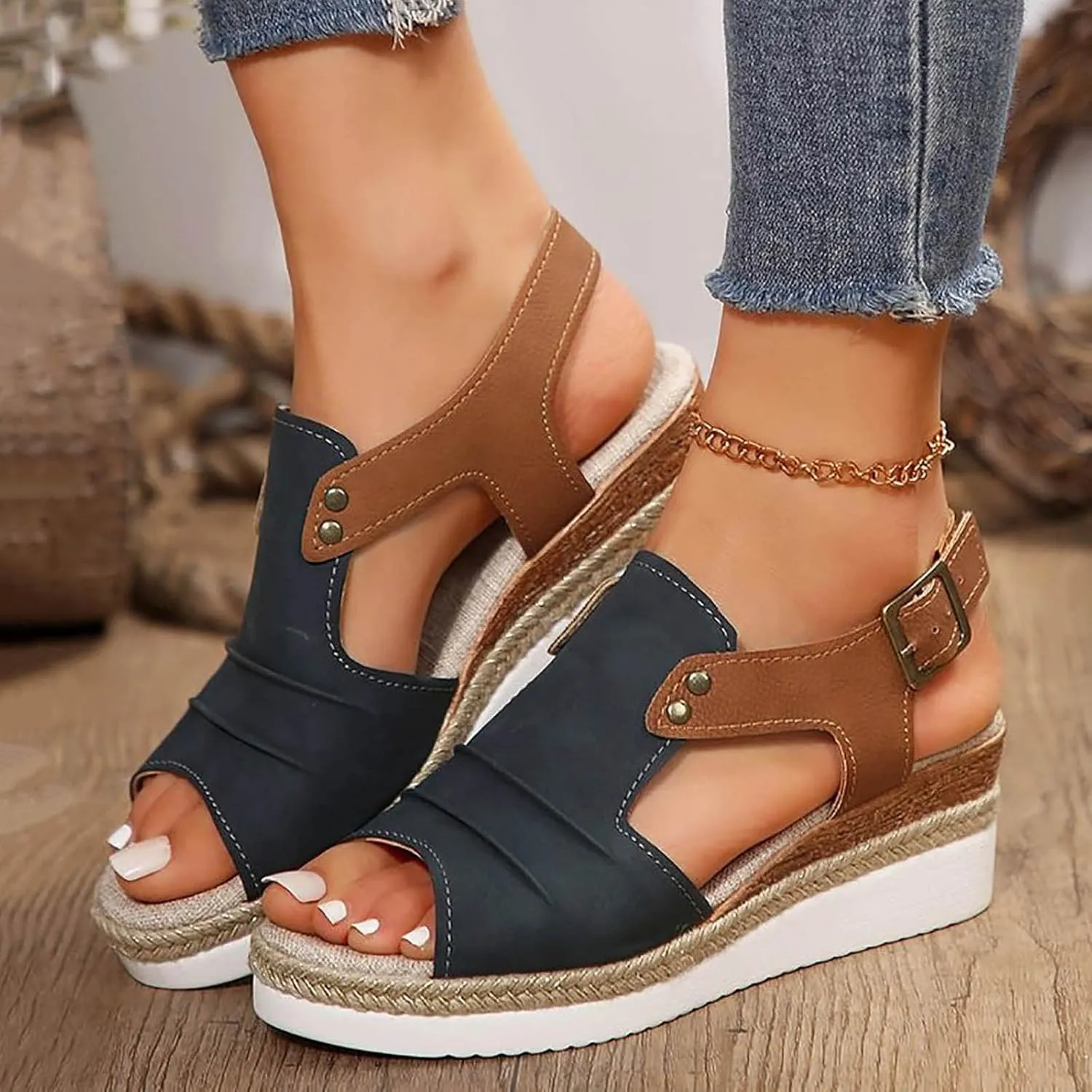 Platform Wedge Sandals for Women Open Toe Espadrilles Ankle Strap Sandals Summer Casual Dressy Wedge Flat Sandals Beach Boho Walking Shoes