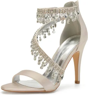 Pointed Wedding Shoes Pump Stiletto Heel Women for Open Toe High Heel Bridal Shoes Crystal Tassels Brides Sandals Ankle Evening Formal Party,Champagne,11