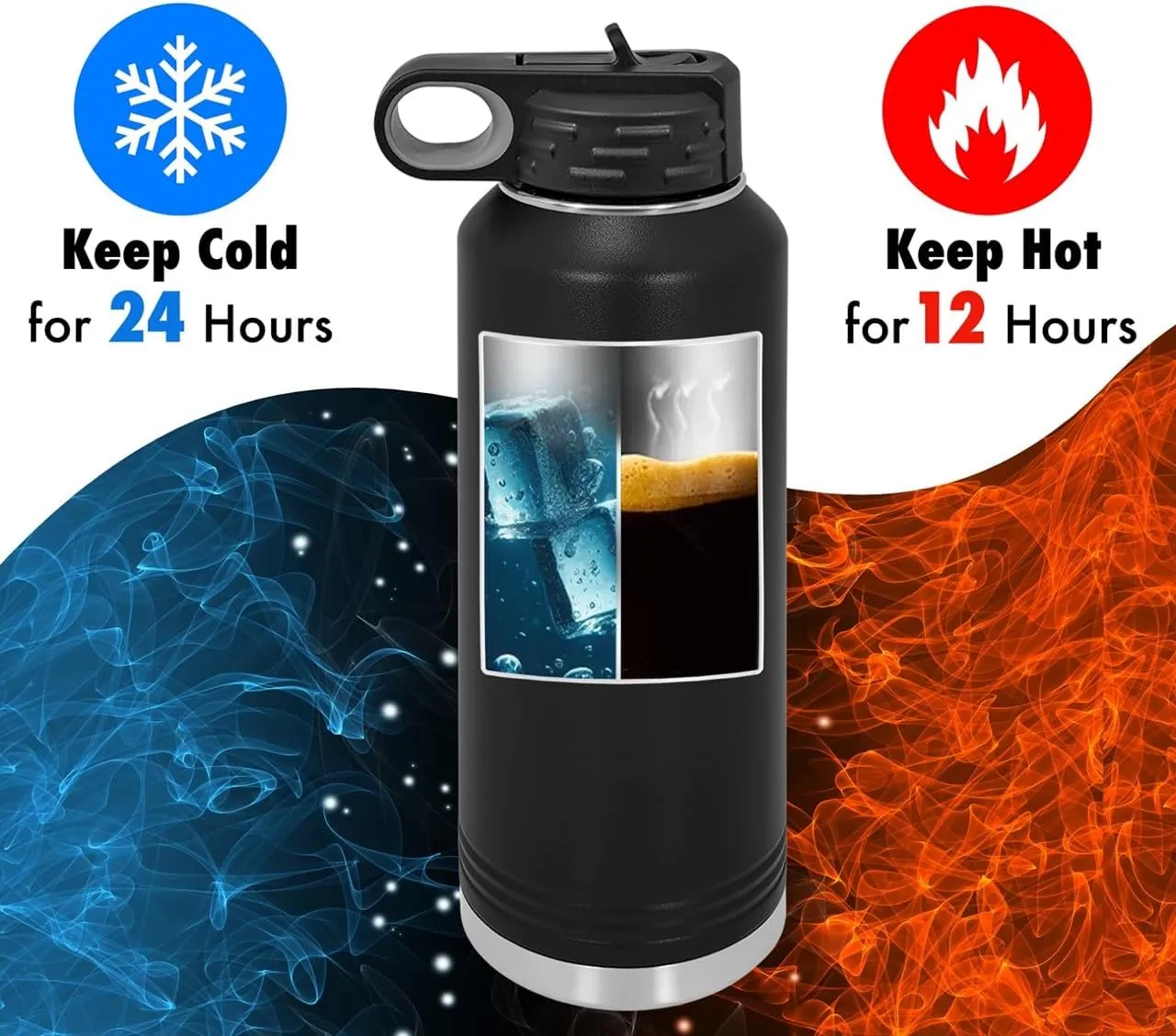 Polar Camel Water Bottle 32 oz with Flip-Top Lid and Straw, Vacuum Insulated Flask, Stainless Steel Sports Double Wall Thermos – Fitness Traveling Camping Water Bottle (Black, 32 oz)