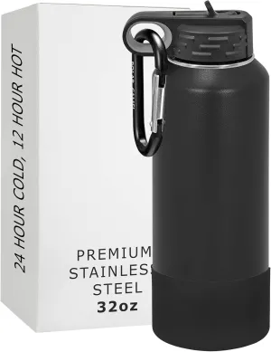Polar Camel Water Bottle 32 oz with Flip-Top Lid and Straw, Vacuum Insulated Flask, Stainless Steel Sports Double Wall Thermos – Fitness Traveling Camping Water Bottle (Black, 32 oz)