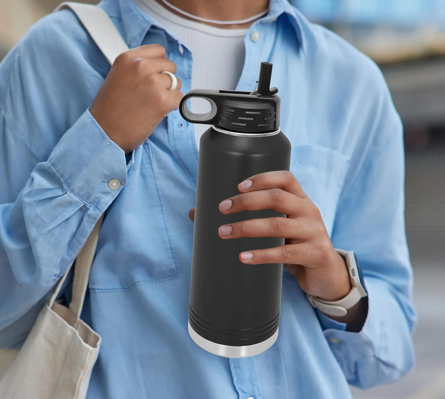 Polar Camel Water Bottle 32 oz with Flip-Top Lid and Straw, Vacuum Insulated Flask, Stainless Steel Sports Double Wall Thermos – Fitness Traveling Camping Water Bottle (Black, 32 oz)