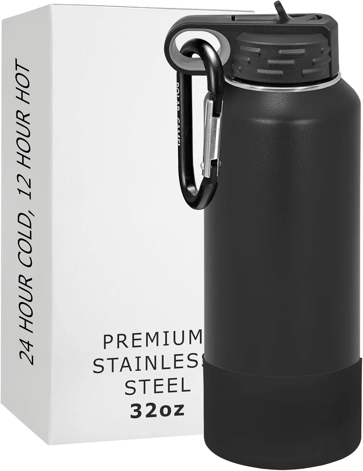 Polar Camel Water Bottle 32 oz with Flip-Top Lid and Straw, Vacuum Insulated Flask, Stainless Steel Sports Double Wall Thermos – Fitness Traveling Camping Water Bottle (Black, 32 oz)