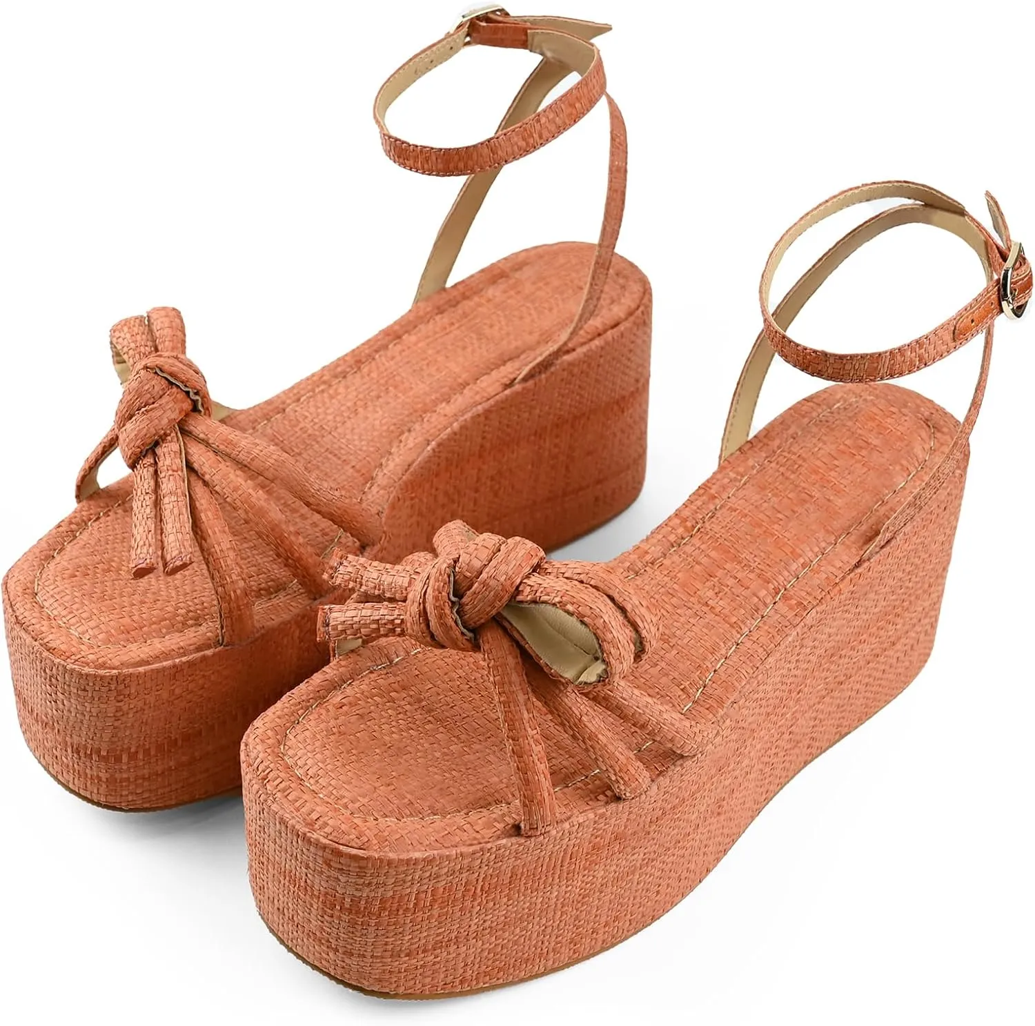 Raffia Platform Sandals for Women,Bow Ankle Strappy Espadrille Wedges Sandals Comfortable Square Open Toe Straw Sandals