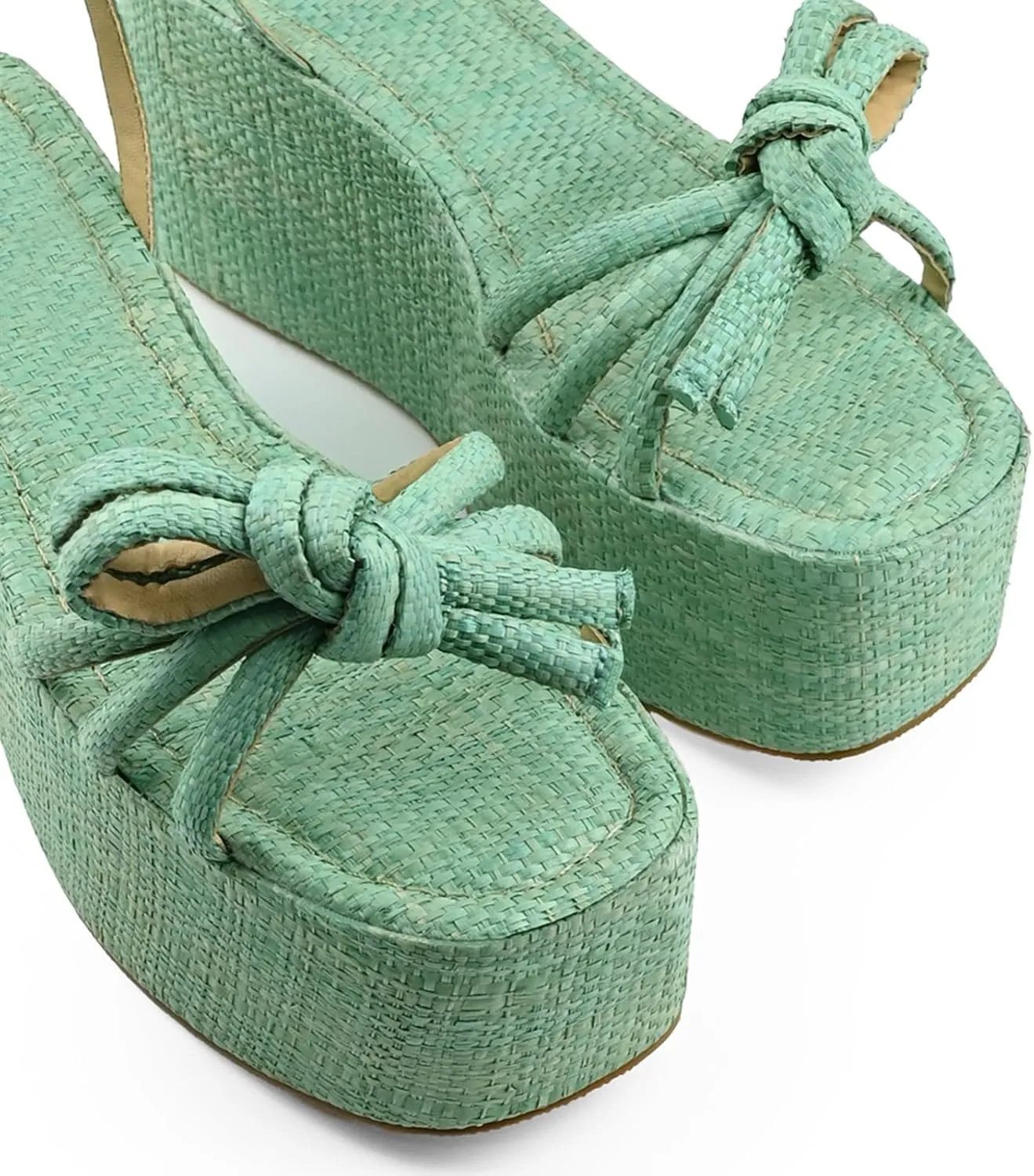 Raffia Platform Sandals for Women,Bow Ankle Strappy Espadrille Wedges Sandals Comfortable Square Open Toe Straw Sandals