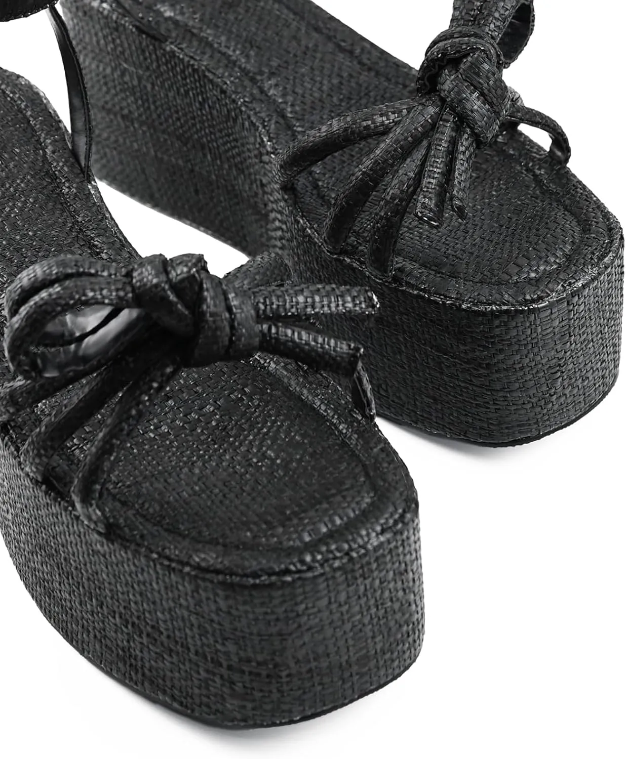 Raffia Platform Sandals for Women,Bow Ankle Strappy Espadrille Wedges Sandals Comfortable Square Open Toe Straw Sandals