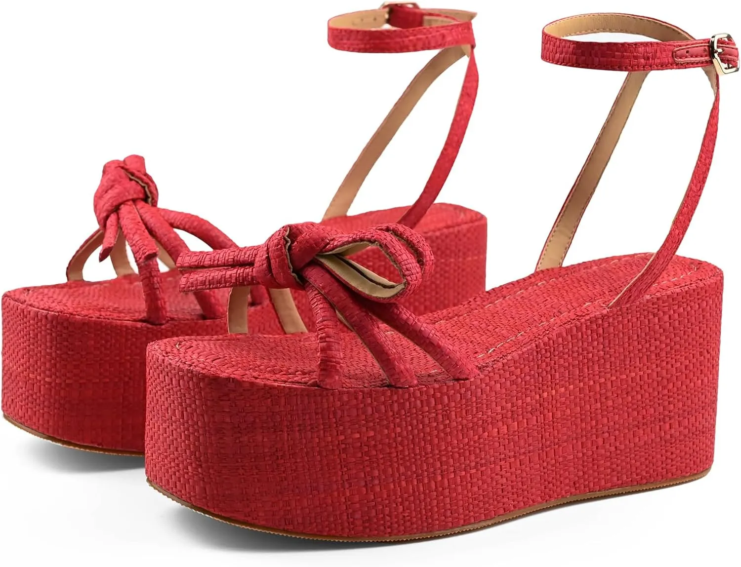Raffia Platform Sandals for Women,Bow Ankle Strappy Espadrille Wedges Sandals Comfortable Square Open Toe Straw Sandals