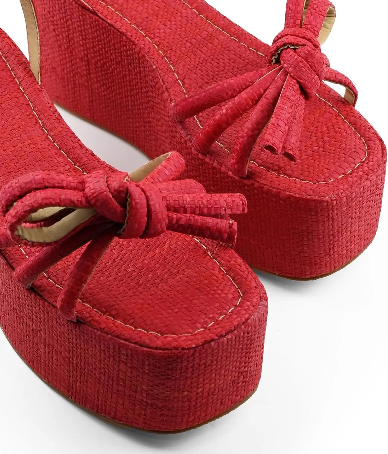 Raffia Platform Sandals for Women,Bow Ankle Strappy Espadrille Wedges Sandals Comfortable Square Open Toe Straw Sandals