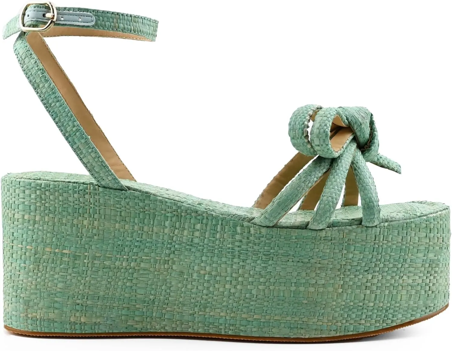 Raffia Platform Sandals for Women,Bow Ankle Strappy Espadrille Wedges Sandals Comfortable Square Open Toe Straw Sandals