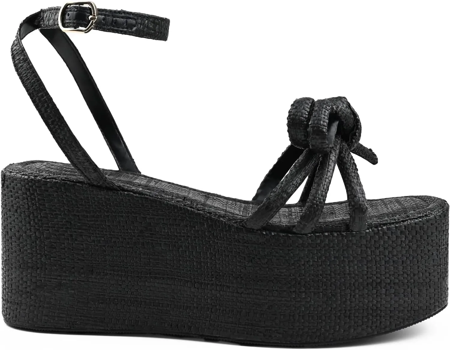Raffia Platform Sandals for Women,Bow Ankle Strappy Espadrille Wedges Sandals Comfortable Square Open Toe Straw Sandals