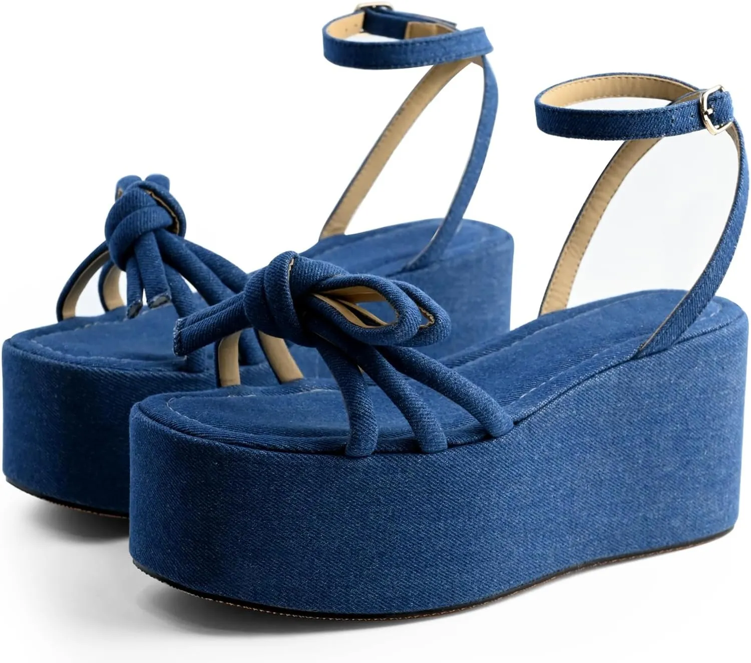 Raffia Platform Sandals for Women,Bow Ankle Strappy Espadrille Wedges Sandals Comfortable Square Open Toe Straw Sandals