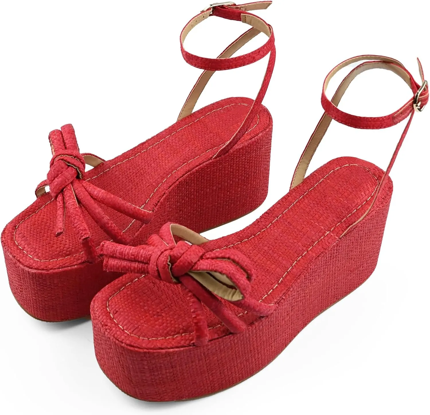 Raffia Platform Sandals for Women,Bow Ankle Strappy Espadrille Wedges Sandals Comfortable Square Open Toe Straw Sandals