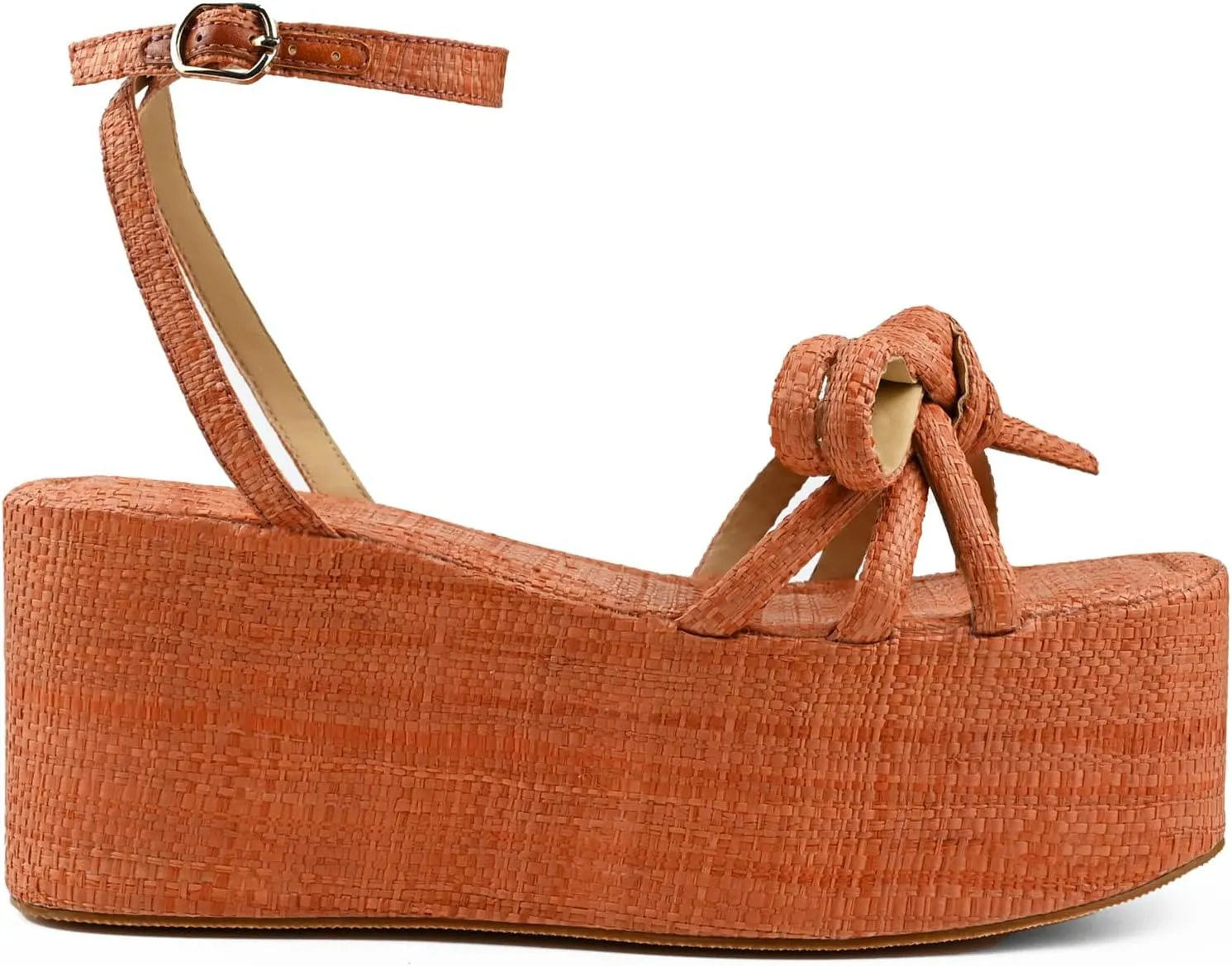 Raffia Platform Sandals for Women,Bow Ankle Strappy Espadrille Wedges Sandals Comfortable Square Open Toe Straw Sandals