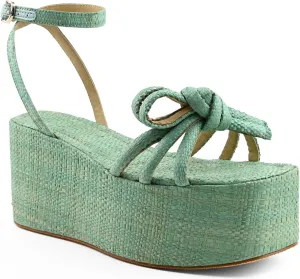 Raffia Platform Sandals for Women,Bow Ankle Strappy Espadrille Wedges Sandals Comfortable Square Open Toe Straw Sandals