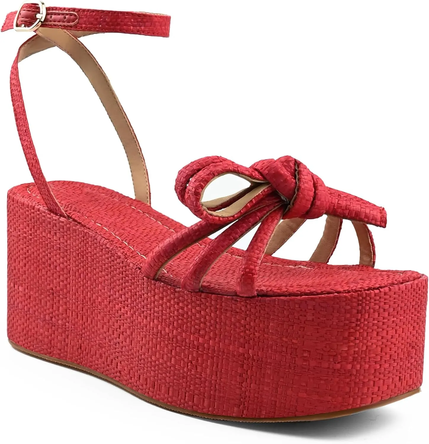 Raffia Platform Sandals for Women,Bow Ankle Strappy Espadrille Wedges Sandals Comfortable Square Open Toe Straw Sandals